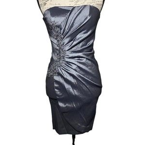 XSCAPE by Joanna Chen Strapless Stretch Sheath Satin Silver Beaded Dress Size 6